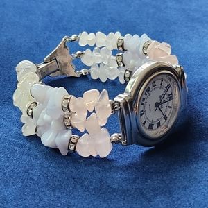 Erica Courtney Vintage 90s Natural Pink Blue White Stone Rhinestone Silver Watch
